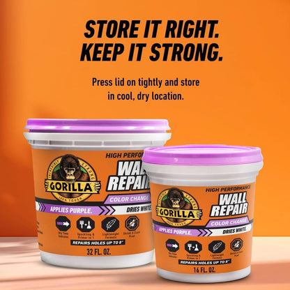 Gorilla High Performance Wall Repair Color Change, 32 Ounce Tub, Applies Purple, Dries White – Spackling & Primer in One, Shrink & Crack Resistant