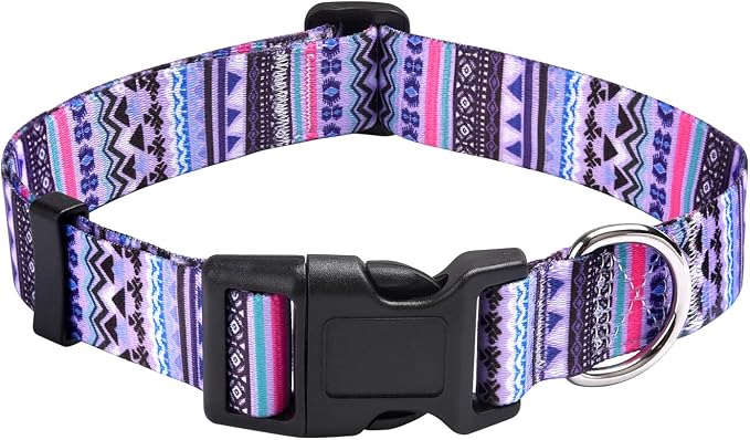Mihqy Dog Collar with Bohemia Floral Tribal Geometric Patterns - Soft Ethnic Style Collar Adjustable for Small Medium Large Dogs(Purple Bohemia,L)