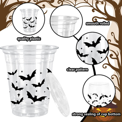 Whaline 50Pcs 12Oz Halloween Plastic Cups with Lids & Straws Black Bat Disposable Clear Drinking Cups for Home Party Supplies