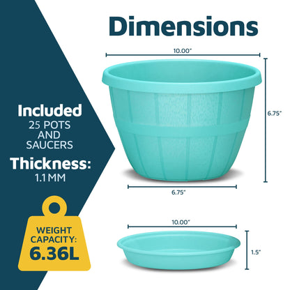 10-Inch Whiskey Barrel Planters Outdoor Pack of 25 - Durable Plastic Plant Pots for Indoor & Outdoor Use with Drainage & Saucer, Lightweight Rustic Barrel Planters for Flowers, Herbs & Small Plants