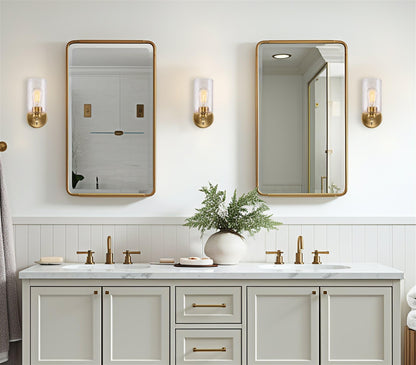 Kira Home Phoebe 10" Modern Gold Wall Sconce with Hammered Glass Shade, Gold Wall Light with Water Glass Cylinder Shade, Cool Brass Finish