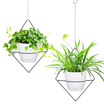 Koalaime Hanging Planters for Indoor Plants, 2 Set Self Watering Hanging Flower Pots, Modern Hanging Plant Baskets with Metal Plant Holder & 6.5 Inch Plastic Pots for Garden Home Decor (White)
