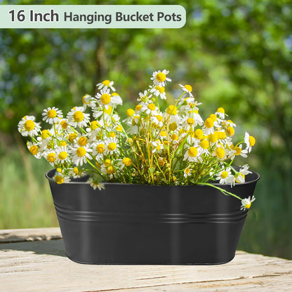 Venyat 16 Inch 4 PCS Metal Hanging Flower Pots for Railing Fence, Large Railing Planters for Outdoor Plants, Fence Hanging Planters with Detachable Hooks for Garden Balcony