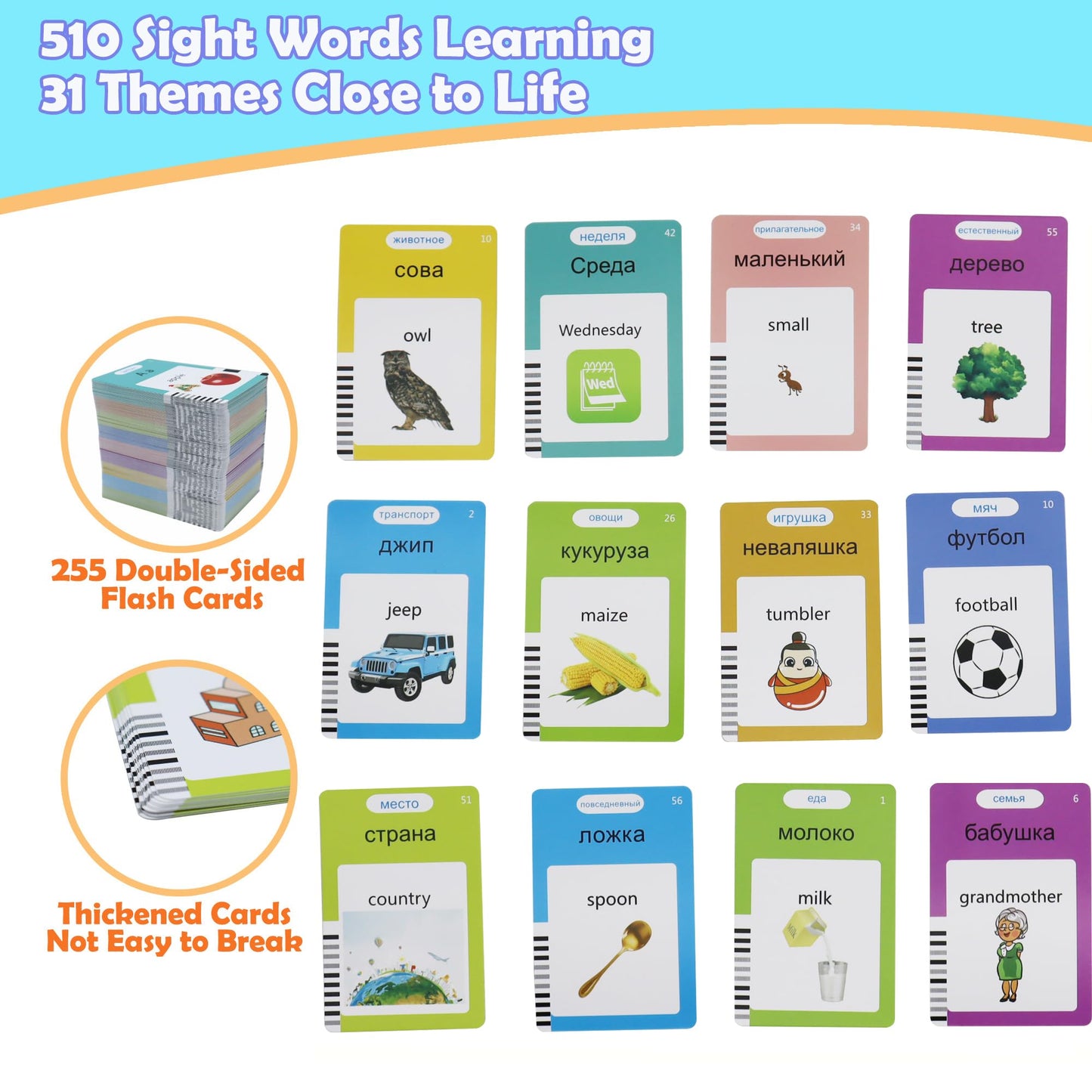MAYAPHILOS Russian and English Flash Card with 510 Sight Words, Learn Russian for Kids Russian Language Learning Toys udible Pocket Speech for Toddlers Sensory Preschool Educational Birthday Gifts