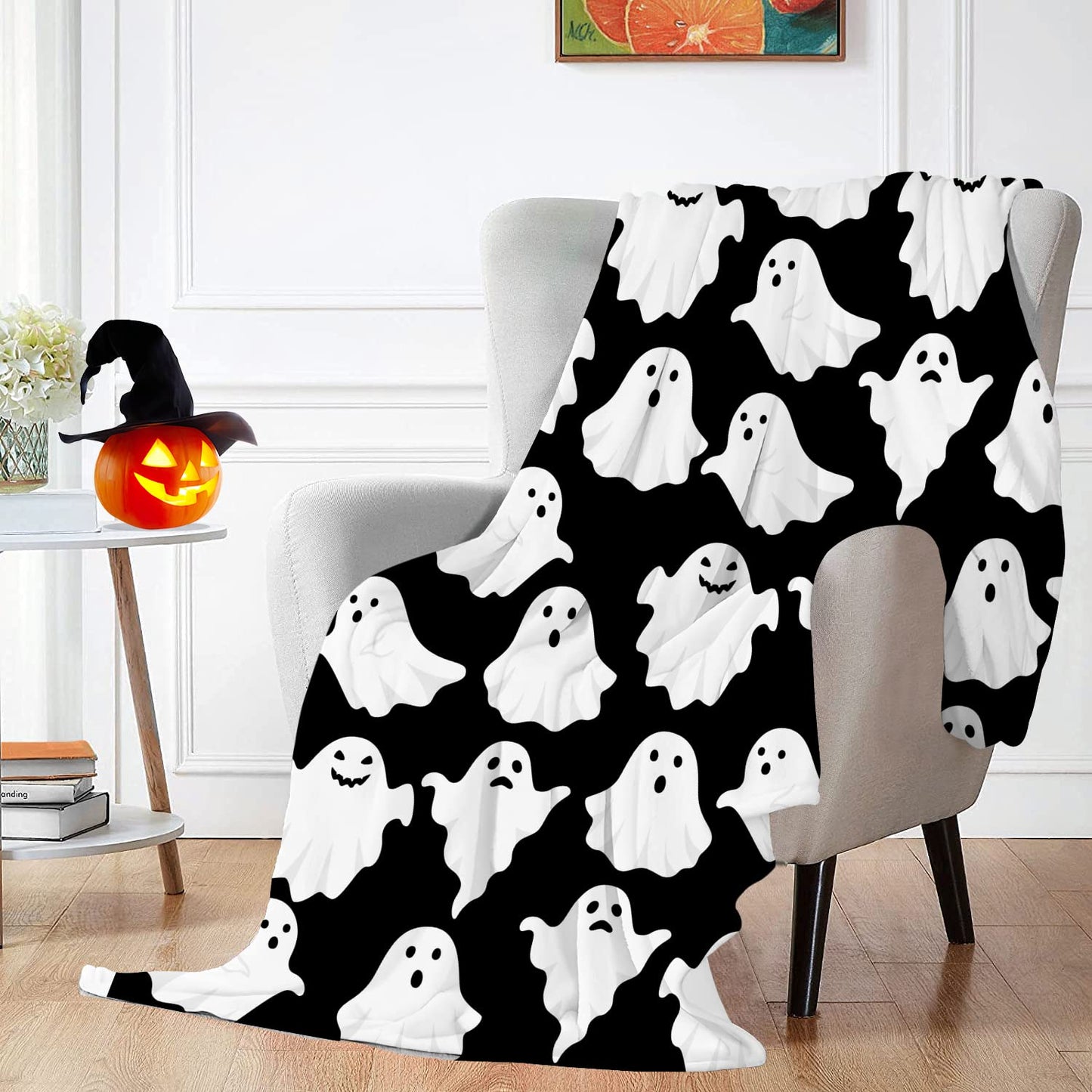 Jbralid Halloween Throw Blankets Funny Ghost Cute Halloween Spooky Black and White Throw Blanket Lightweight Cozy Flannel Blanket for Bedroom Living Rooms Couch Sofa Bed Home Decorations 60x80 Inch