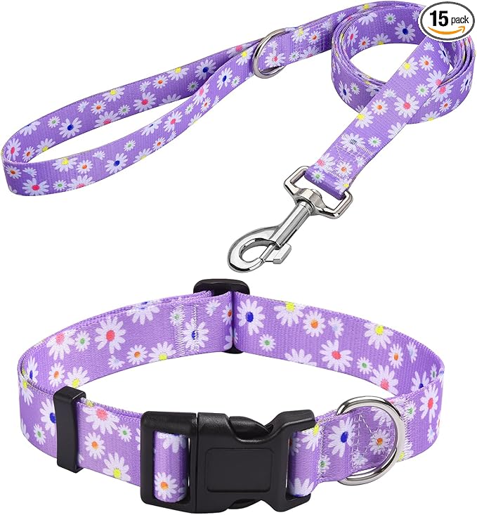 MarukoPet Dog Collar and Leash Set, Adjustable for Small Medium Large Dogs Puppy, Cute Design with Bohemia Floral Tribal Geometric Patterns Boys Girls Dog Collar(Purple Daisy Set,L)
