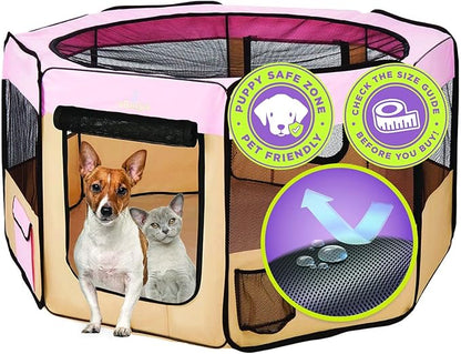 Zampa Puppy Pop Up Portable Playpen for Dog and Cat, Foldable | Indoor/Outdoor Kitten Pen & Travel Pet Carrier + Carrying Case (Pink, Extra Small (29"x29"x17"))