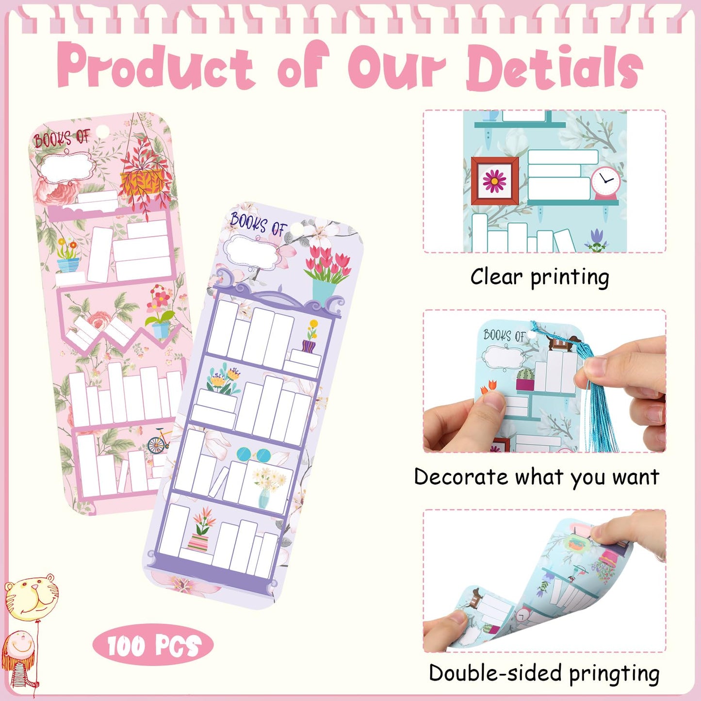 100 Pcs Book Tracker Bookmarks with 100 Tassels Bookshelf Design Reading Page Markers Double Sided Bookmarks Gifts for Book Lovers Book Club Gifts