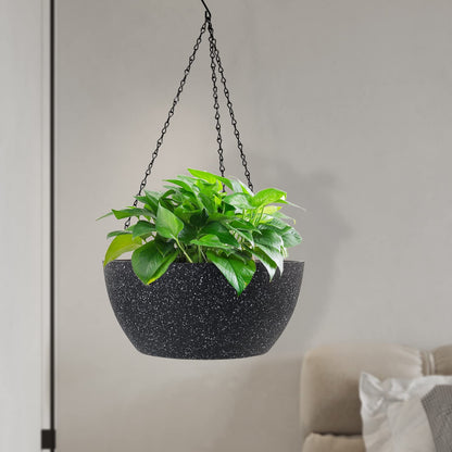 WSMKSZ 10 inch Hanging Planters for Outdoor Indoor Plants with Drainage Holes and Chain, 2 Pack Round Hanging Flower Pots for Garden Home Porch Decor, Speckled Black