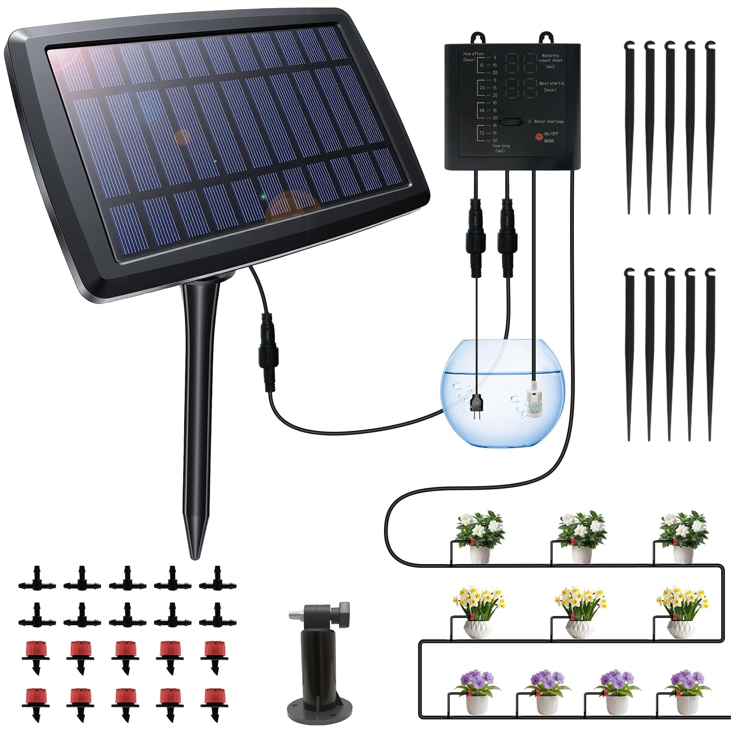 Solar Drip Irrigation System for Garden, Automatic Drip Irrigation Kit with 33FT Tubing, Solar Powered Plant Watering Device for Potted Plants, Vacation, Outdoor No Wiring Needed (10 Pots)