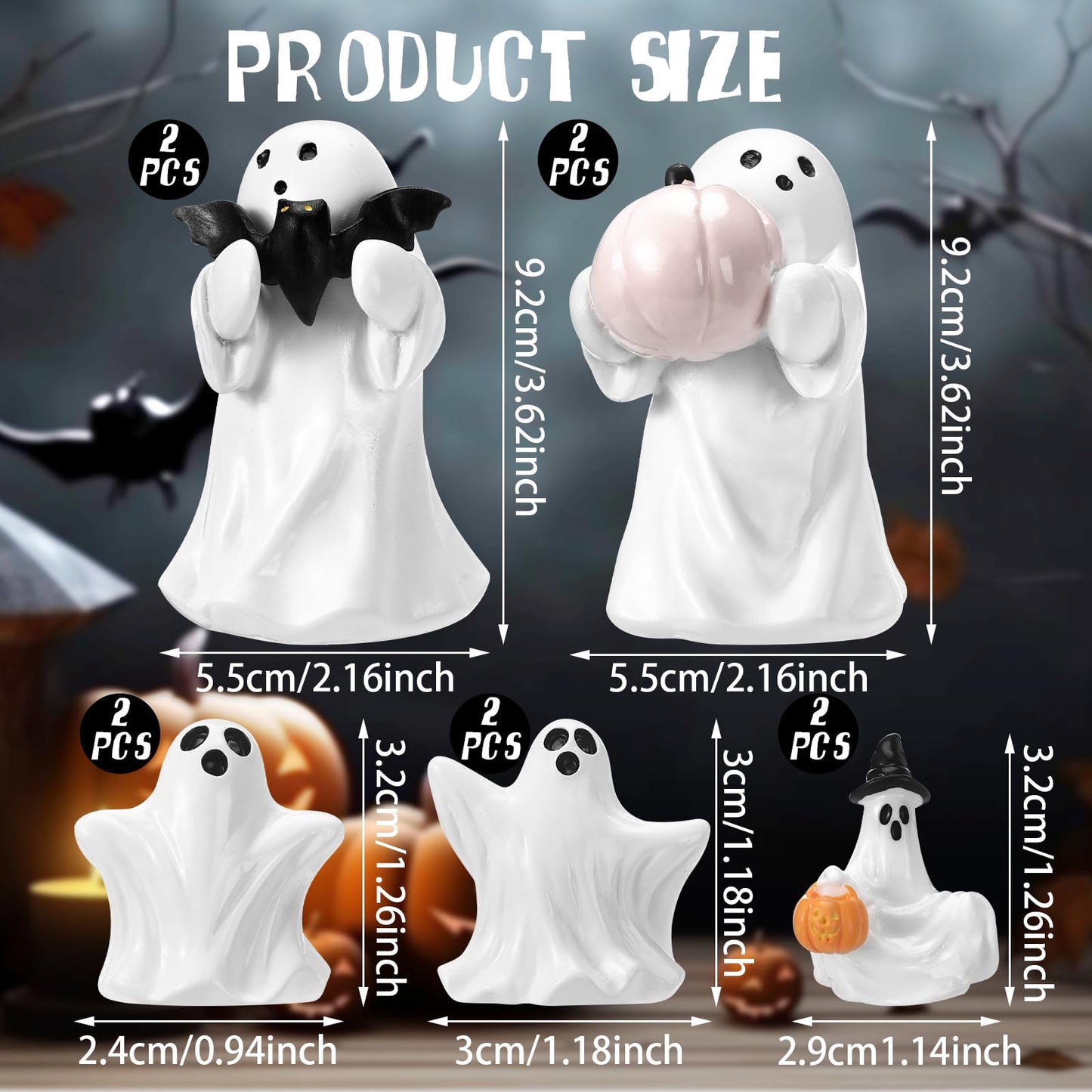 Threehoney 8 Pcs Halloween Ghost Figurine Resin Ghost Sculpture Statue Cute Halloween Decorations Spooky Tiered Tray Decor for Indoor Home Table Centerpieces Party Kitchen Tabletop Shelf