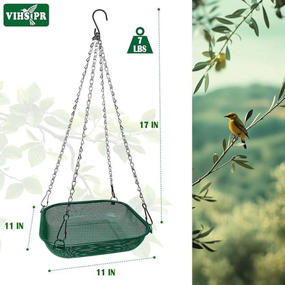 Hanging Bird Feeder for Outdoors – 11 in Square Metal Mesh Bird Feeder Tray Platform for Wild Birds, Green