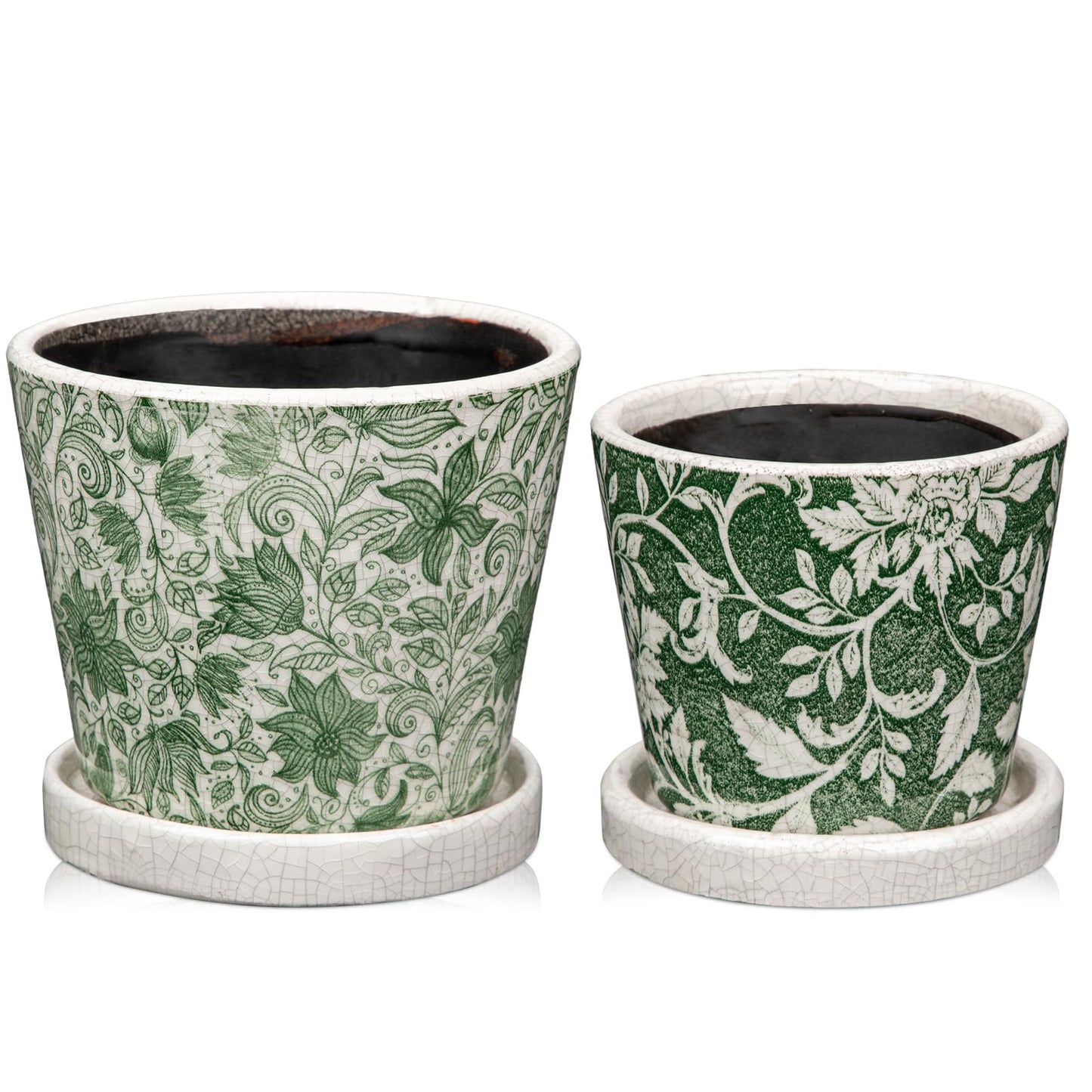 Set of 2 Ceramic Green Plant Pots with Drainage Hole and Saucers, Vintage Farmhouse Accent Planters for Indoor Plants, Round Flower Pots Rustic Succulent Cactus Pots Terracotta Tubs 5.7/4.7 Inch