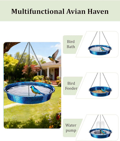Hanging Bird Bath for Outdoor, Blue & Green Metal Birdbath Bird Feeder Garden Decor Yard Art (11.5" Dia)
