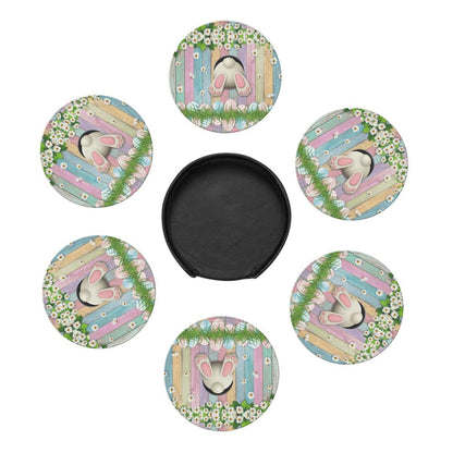 6 Pack Cute Easter Eggs Bunny Coasters for Drinks with Holder, Leather Coasters for Kitchen,Coffee Decor