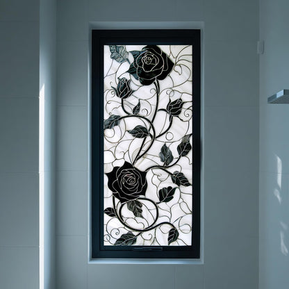 IVN Privacy Window Film Black Rose Vine Decorative Window Cling Stained Glass Style Static Cling Glass Sticker for Bathroom Entryway Kitchen Door Panel 17.7 x 39.3 Inch