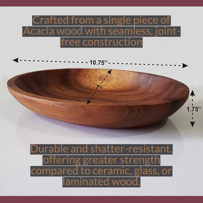 WRIGHTMART Acacia Wood Oval Bowl, Handmade, Rustic Server for Foods, Salads, Fruits, Bread - Dining Table & Kitchen Counter Décor - Entryway Key & Coin Catch-All Tray, 10.75" x 7" x 1.75"