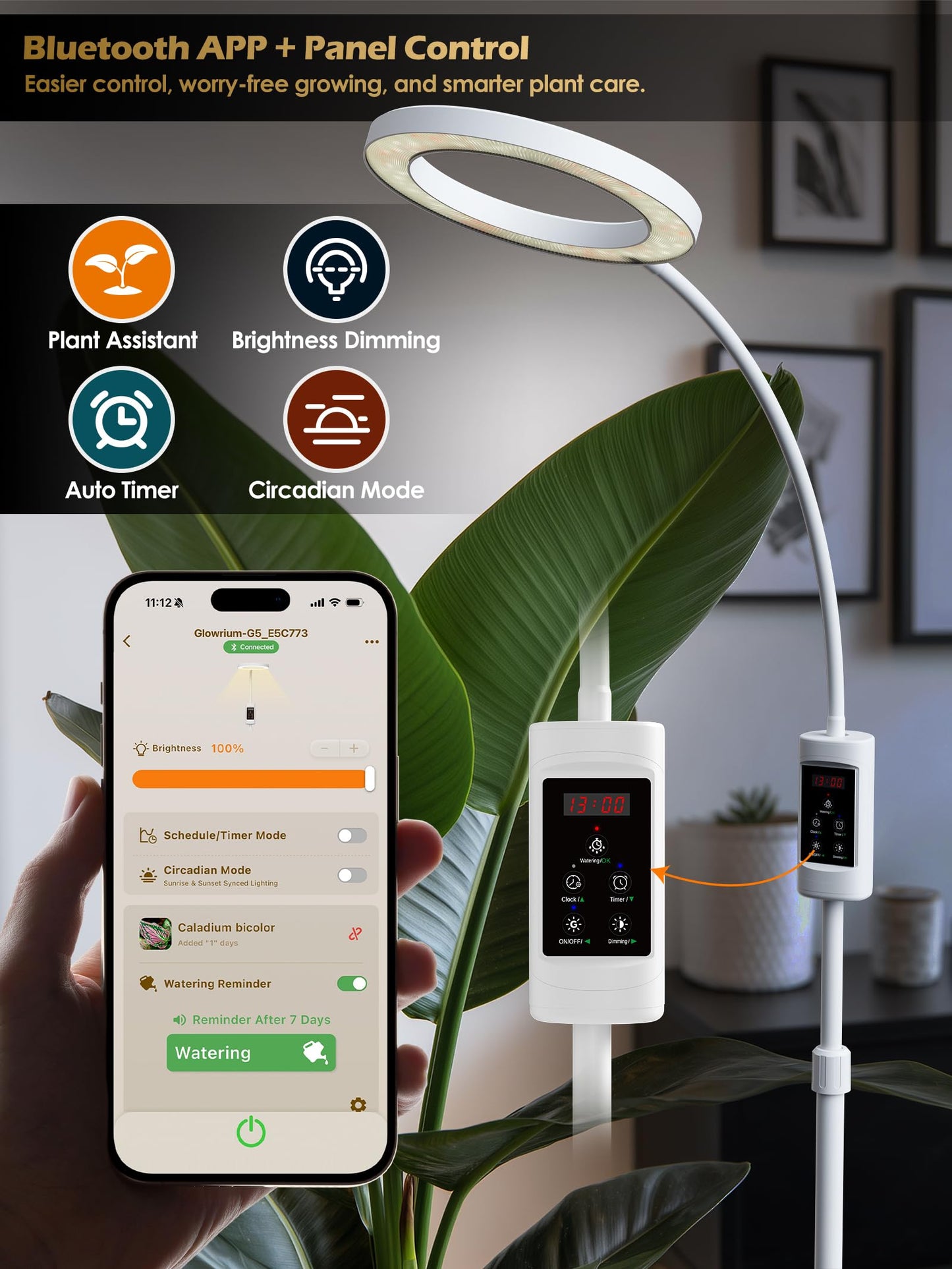Smart Grow Lights for Indoor Plants, Plant Light with Auto-Timer, Full Spectrum LED Grow Light, Adjustable Height & Stepless Dimming,Plant Assistant Suitable for Most Plants (White, Single Head)