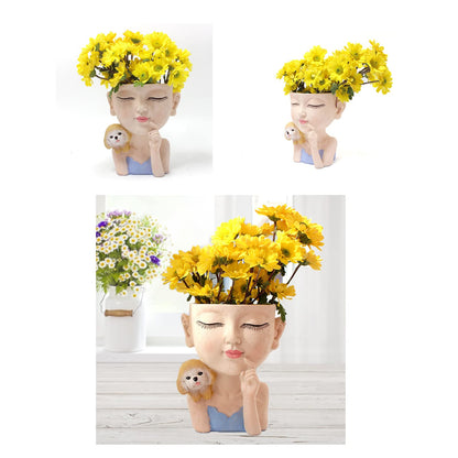 KOCNYDEY Face Flower Pot Cute Girl and Dog Planter Resin Lady face Head Planter Pot Closed Eyes Planter Pot with Drainage Hole Succulent Planter Pot for Plants Flower Cactus Garden Indoor Outdoor
