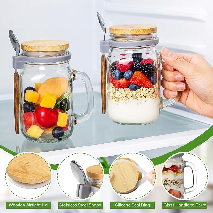 Newtay 4 Pack 16oz Overnight Oats Container with Lids and Spoon, Airtight Glass Mason Jar with Handles for Chia Pudding Milk Cereal Meal Prep Yogurt Food Storage, Microwave Freezer and Dishwasher Safe