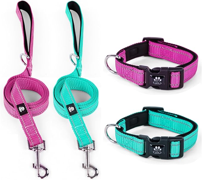 IVY&LANE 2 Pack Reflective Dog Collars and Leashs Set,Adjustable Neoprene Padded Dog Collar for Puppy, Breathable Nylon Pet Collar for Small Medium Large Dogs(Small,Fuchsia+Teal)
