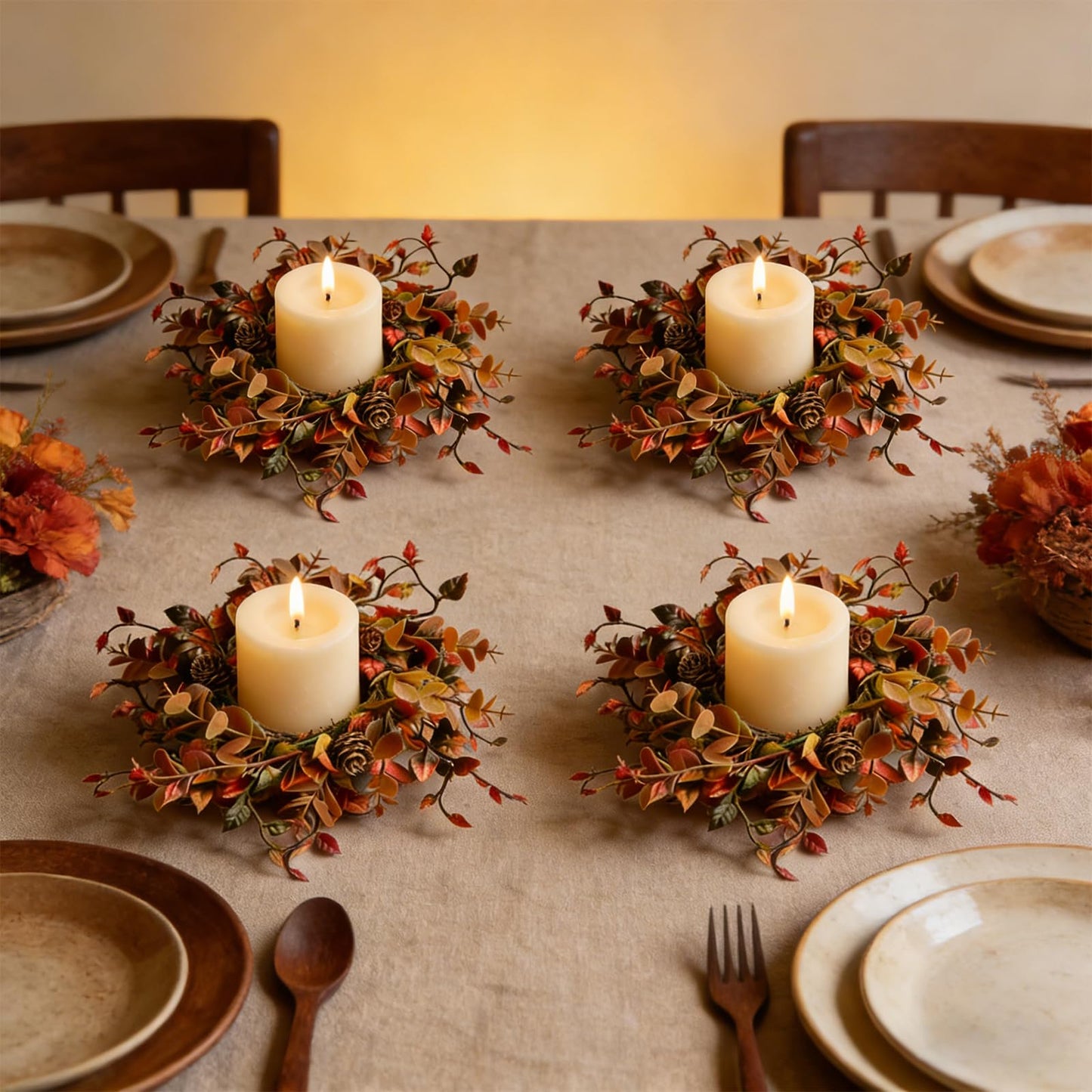 4 Pcs Mini Fall Candle Ring Wreaths Autumn Pinecones Mixed Foliage Artificial Pillar Candle Holder Wreath for Farmhouse Thanksgiving Harvest Porch Front Door Cabinets Table Decoration