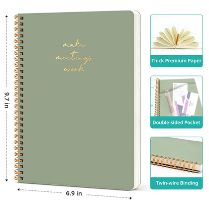 6 Pack of Meeting Notebook for Work Organization - Work notebook with action items, Meeting Minutes Planner Notebook, Perfect Office Supplies for Men & Women - Green