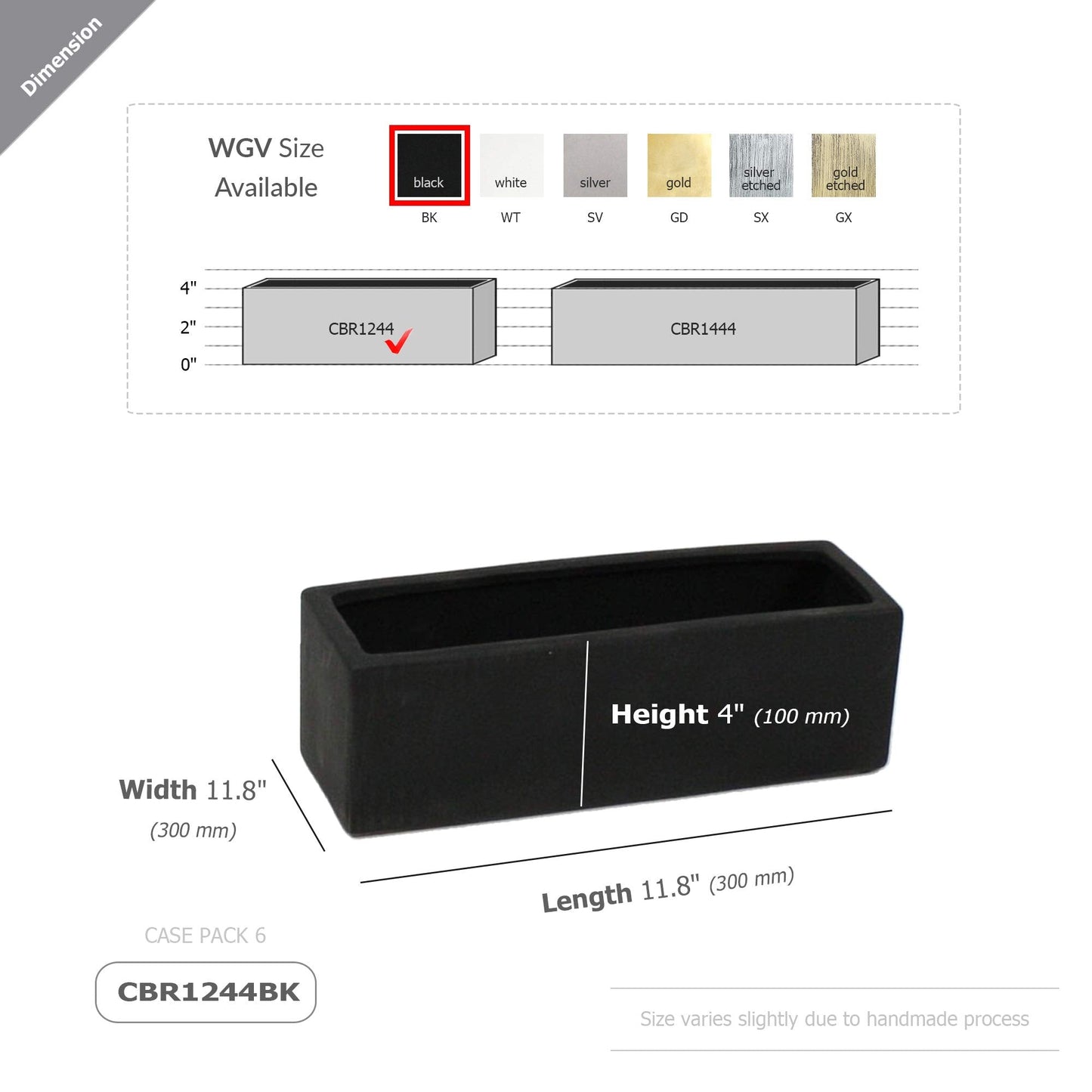 WGVI Long Rectangle Ceramic Planter Vase in Black 12" x 4" x 4"H, Block Rectangular Terrarium Box Pot, Flower Arrangement, Table top Centerpiece, Home Decor Organization Storage Container, 1 Pc.