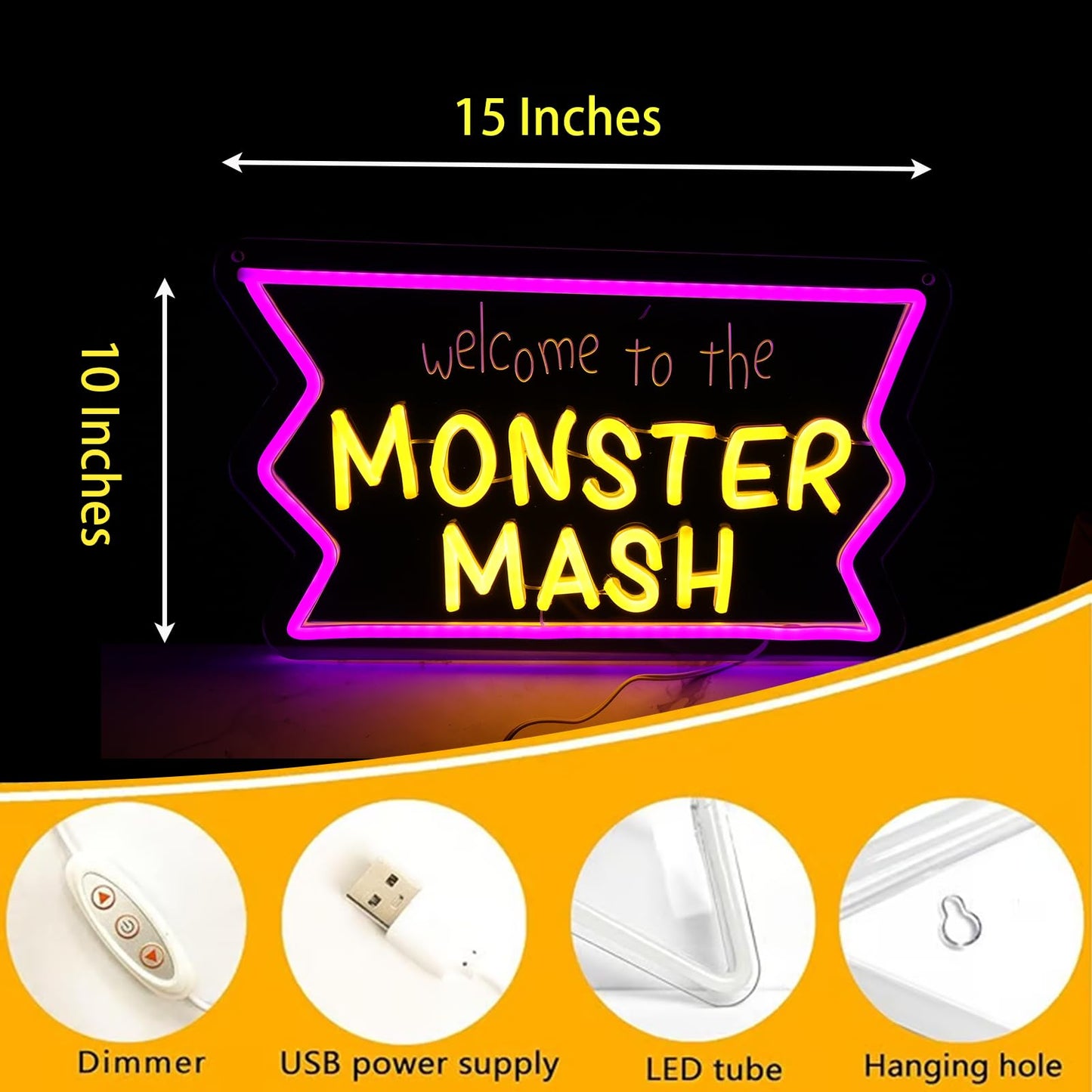 Welcome to Monster Mash Neon Sign for Wall Decor,Ghost Led Dimmable Neon Lights for Gaming Room Boys Room Decor，Powered by USB 9.5 * 15.7inch, Halloween Birthday Party Christmas Gifts