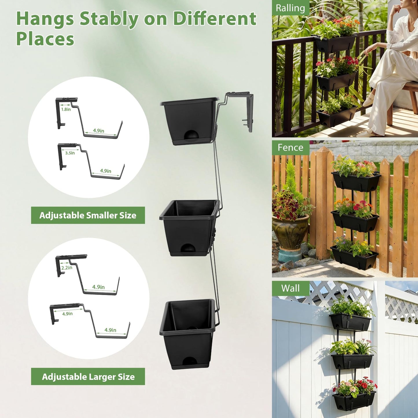OYEAL Railing Planter Box 3 Tier Vertical Window Boxes Planter Outdoor with Adjustable Brackets & Rectangular Flower Pots Deck Railing Hanging Flower Pots for Patio, Lawn, Porch, Balcony Decor, Black