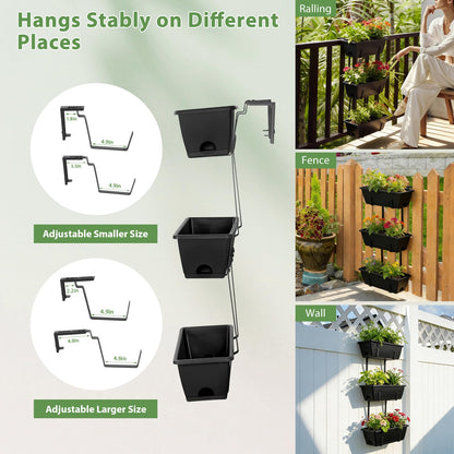 OYEAL Railing Planter Box 3 Tier Vertical Window Boxes Planter Outdoor with Adjustable Brackets & Rectangular Flower Pots Deck Railing Hanging Flower Pots for Patio, Lawn, Porch, Balcony Decor, Black