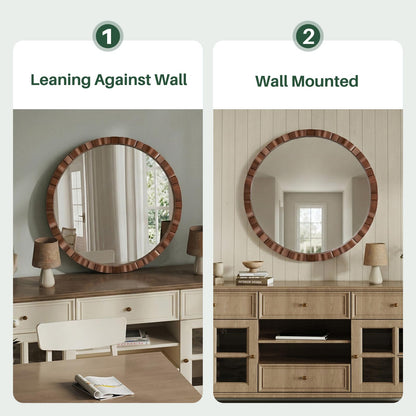 MYOTA Round Wood Wall Mirror - 31.5" Farmhouse Rustic Wall Decorative Mirrors, Wooden Circle Boho Accent Mirror for Living Room, Bedroom, Bathroom, Entryway, Hallway, Fireplace (Walnut)
