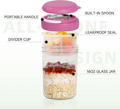 Overnight Oats Containers with Handles & Lids – 16oz Glass Mason Jars with Spoons & Fruit Compartments, Meal Prep Breakfast Jars, 2 Sets (Cream, Purple)