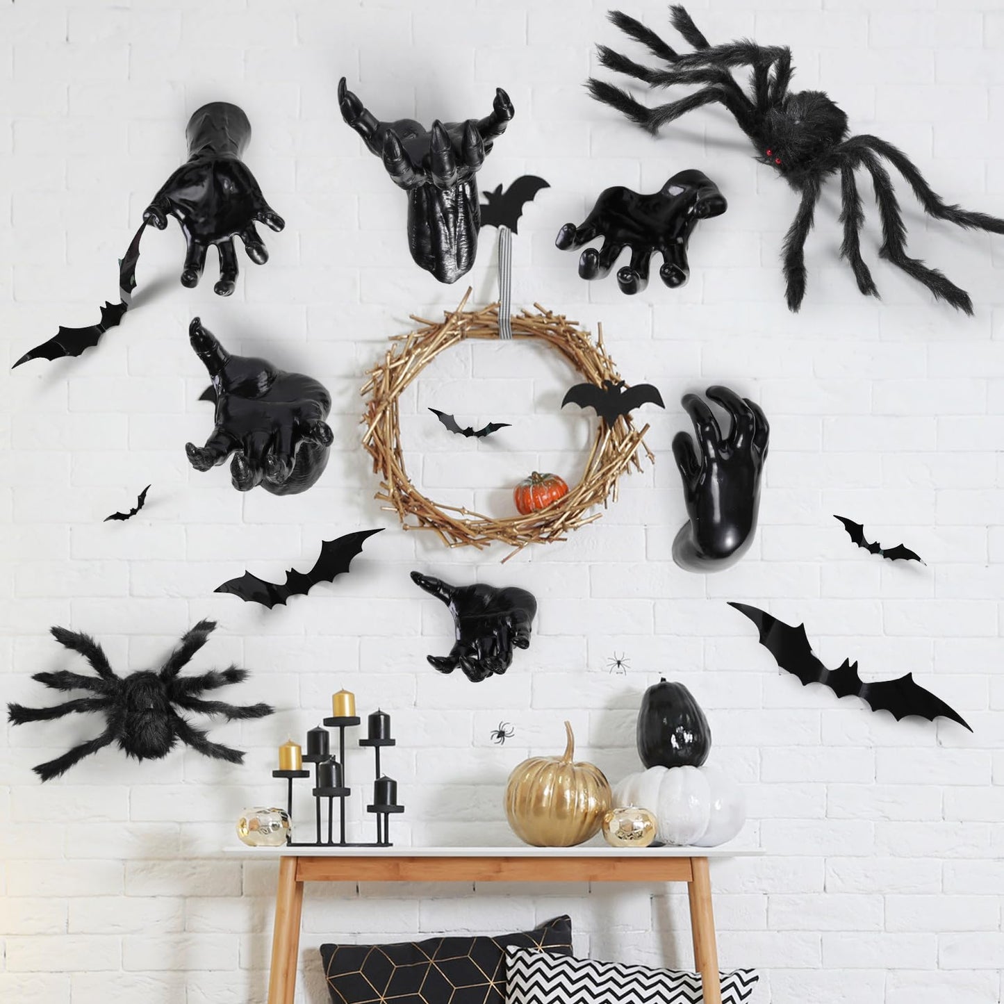 WinnerWhy 38 Pcs Halloween Wall Decor Set, Include Wall Mounted Creepy Reaching Hands Spiders Bats Stickers for Window Door Indoor Outdoor DIY Scary Decorations