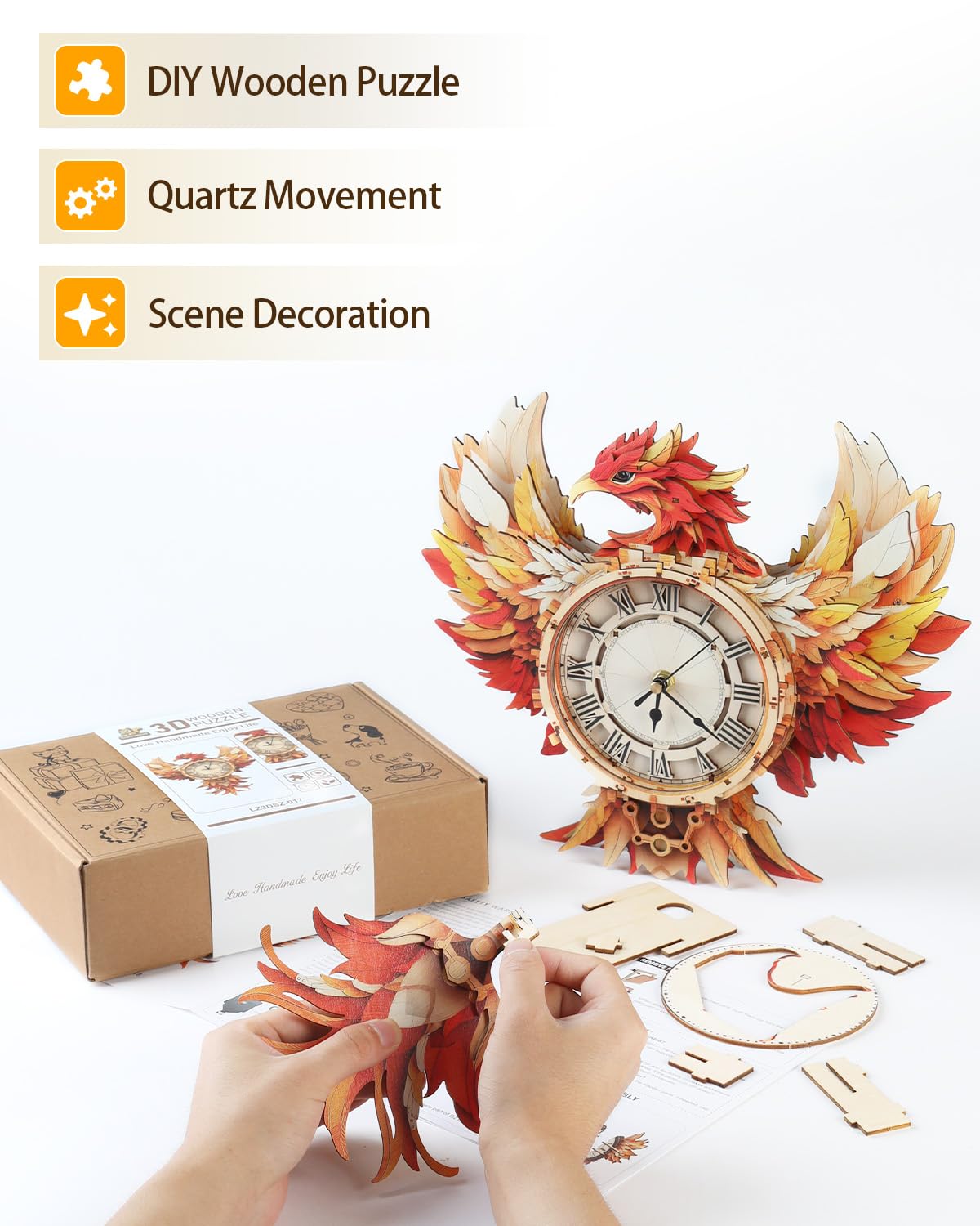 Rnfinewow 3D Wooden Puzzles for Adults, 3D Puzzle Phoenix Clock (with Pendulum), 3D Puzzles for Adults Teens Home Decor Clock Crafts for Adult Puzzle Gifts for Adult