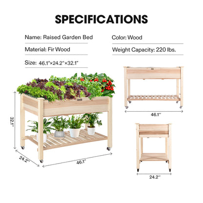 VIVOSUN Elevated Wooden Raised Garden Bed, 46 x 24 x 32 Inches, Mobile Outdoor Planter Box with Storage Shelf and Protective Liner for Outdoor Use, with Lockable Wheels