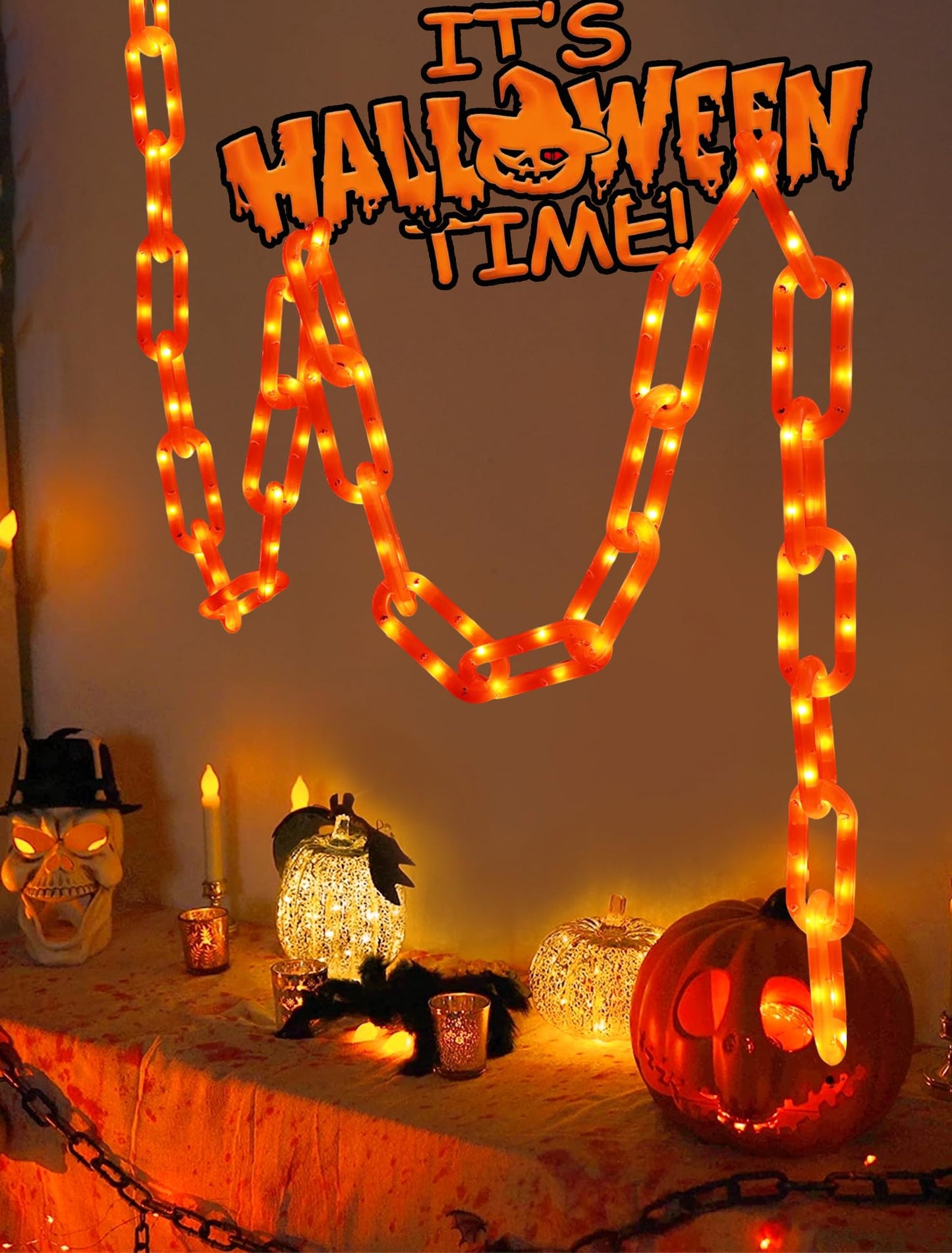 BEEWIN Halloween Decorations Chain Lights,10.4 Ft 175 LED Plastic Chain String Lights Battery Operated and USB,8 Lighting Modes Orange Light with Timer for Halloween Skeleton Dog Party Spooky Outdoor