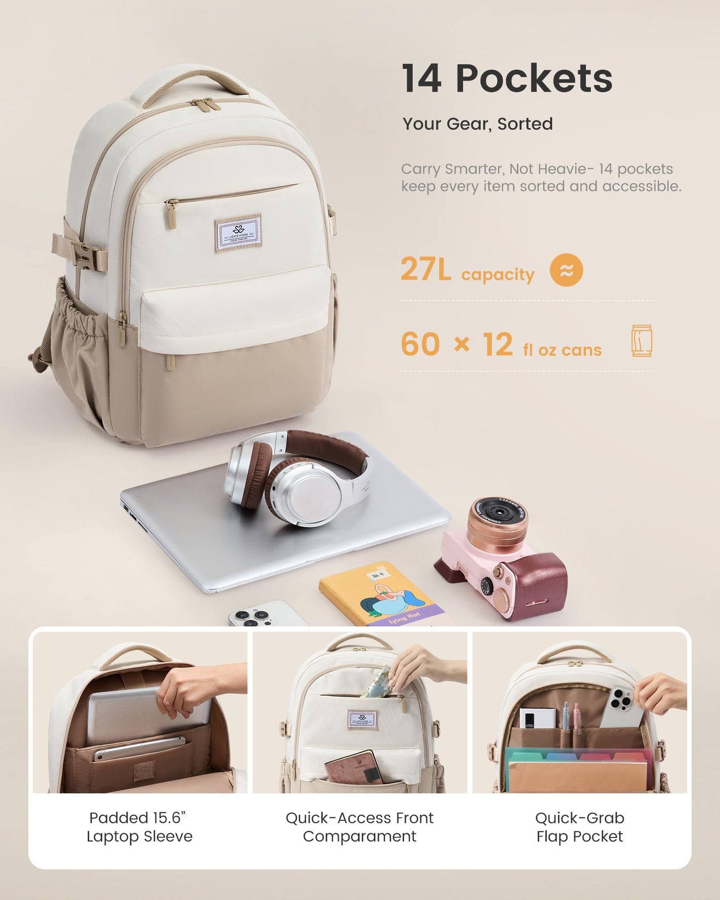 LOVEVOOK Laptop Backpack for Women Teens, 15.6" Computer Bag with 40oz Tumbler Buckle, College School Backpack,14 Pockets