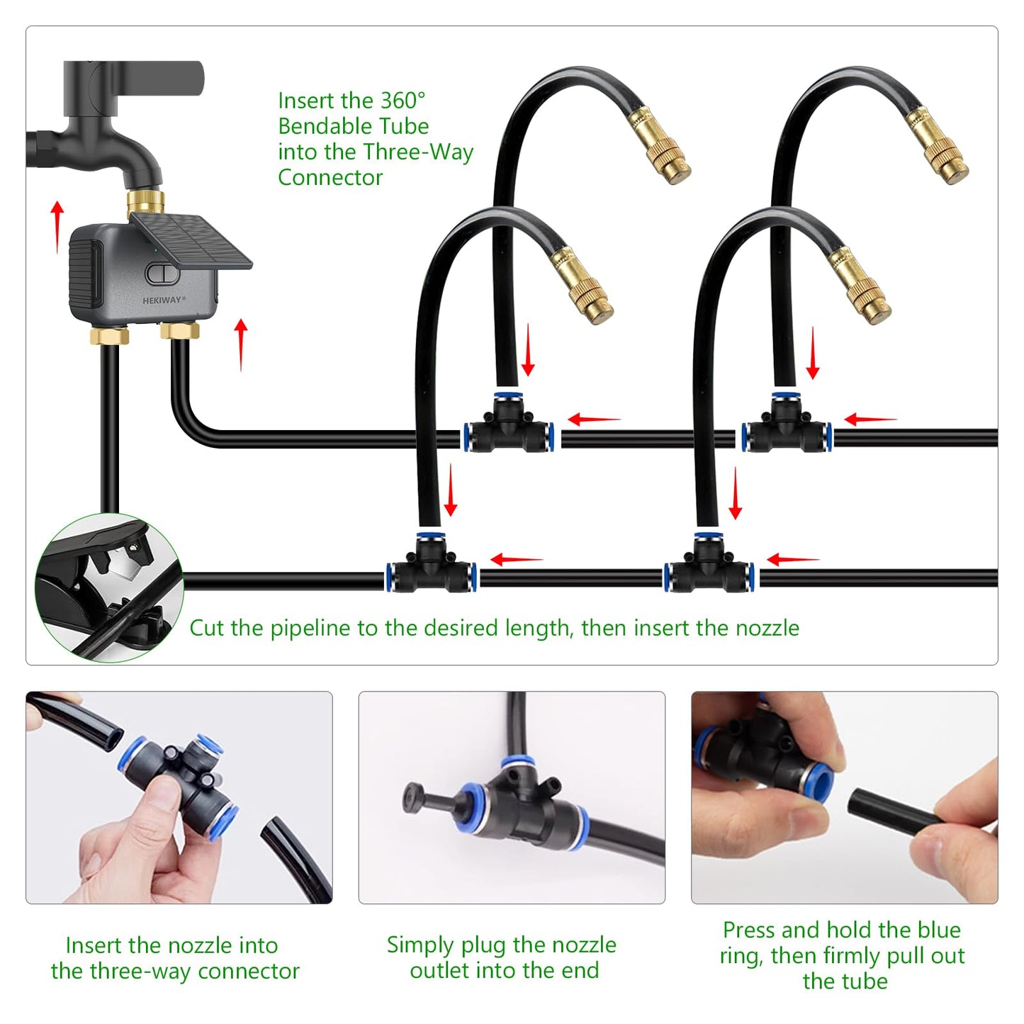 HEKIWAY 120FT Drip Irrigation System with WiFi Solar Water Timer, Automatic Garden Watering Kit with Dual Metal Tube Brass Connectors, 360° Adjustable Nozzles for Garden, Greenhouse & Lawn