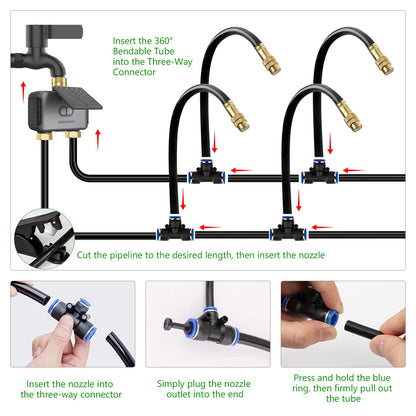HEKIWAY 120FT Drip Irrigation System with WiFi Solar Water Timer, Automatic Garden Watering Kit with Dual Metal Tube Brass Connectors, 360° Adjustable Nozzles for Garden, Greenhouse & Lawn