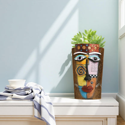 Yhupl Picasso Abstract Face Flower Pot,Plant Pot with Facial Expressions,Handmade Resin Plant Pot with Drainage Holes,for Indoor and Outdoor Botanical Home décor (Brown Large)