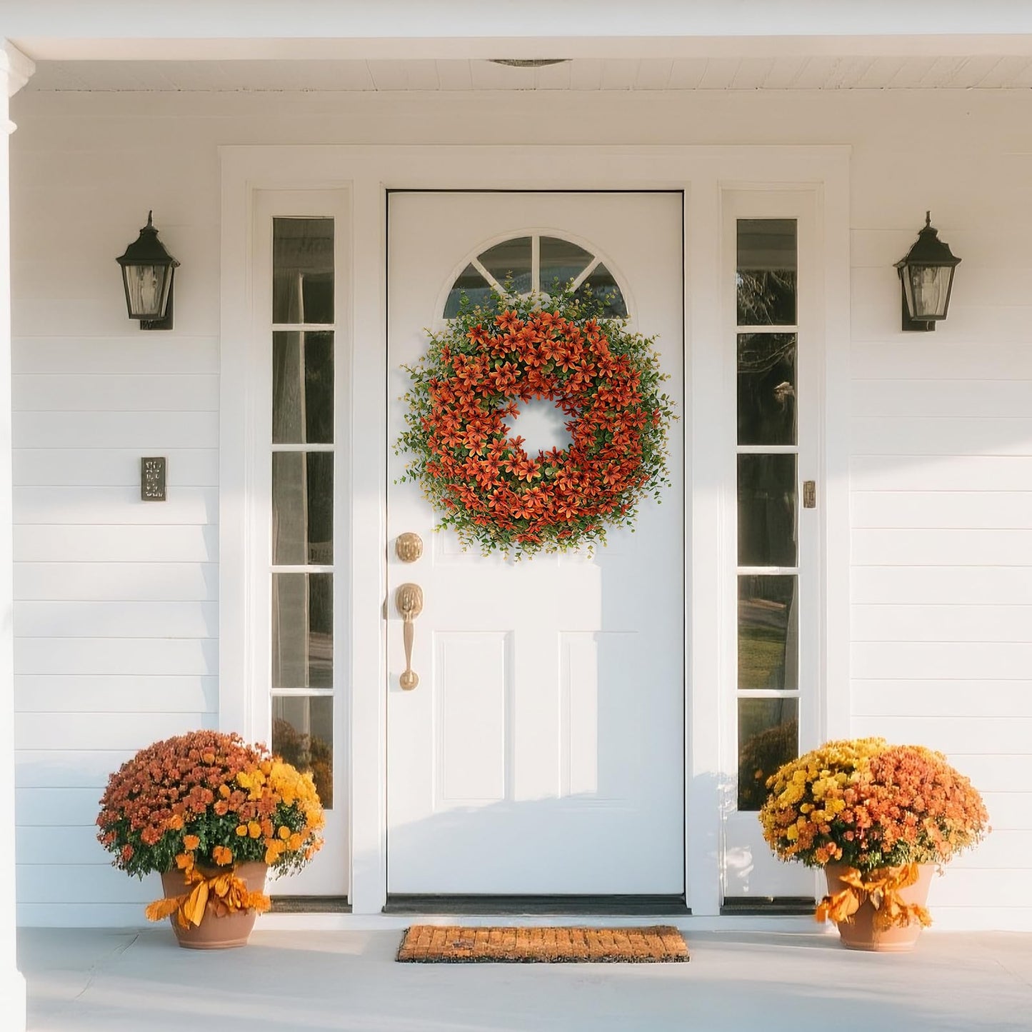 26" Fall Wreath for Front Door, Porch, Window - Large Artificial Eucalyptus Leaves with Fake Silk Flowers Outdoor Wreath for Home Farmhouse Harvest Festival Thanksgiving Day Autumn Decor