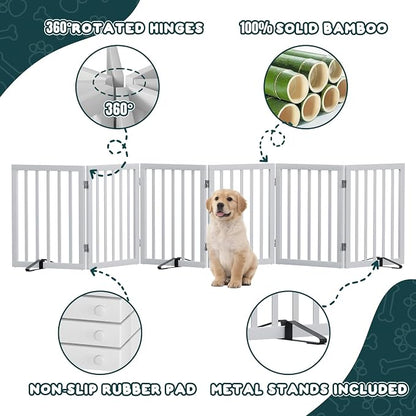 Semiocthome Wood Dog Gates for The House Extra Wide, 6-Panel Freestanding Pet Gates with 4PCS Metal Stands for Doorways and Stairs, 24" H Foldable Dog Fences Indoor, Expands Up to 110" (W)- White