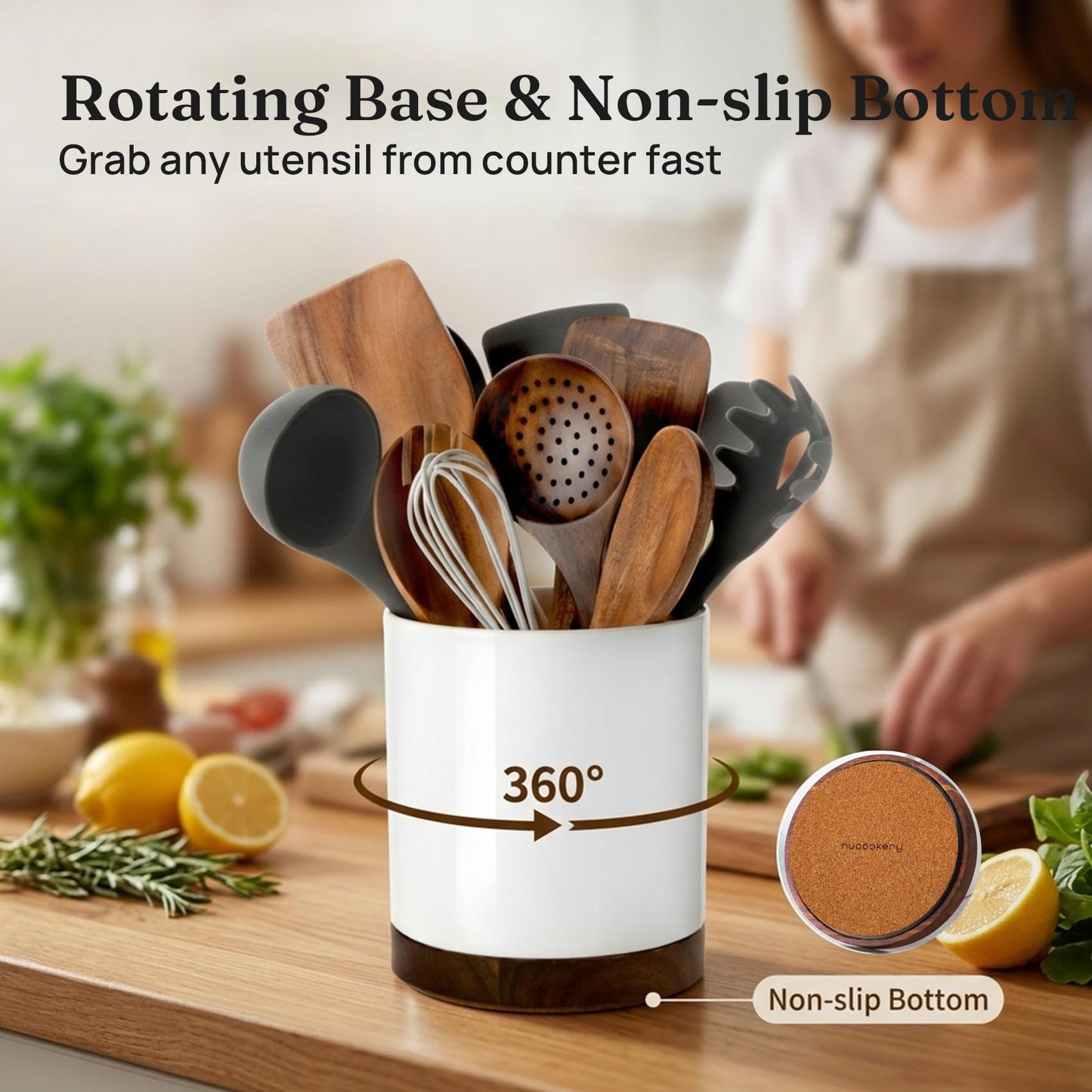 Nucookery Ceramic Rotating Utensil Holder for kitchen counter, 7.2" Stable Large Utensil Crock Countertop Organizer for Cooking Utensils, Modern Farmhouse Decor, Christmas Gift, White
