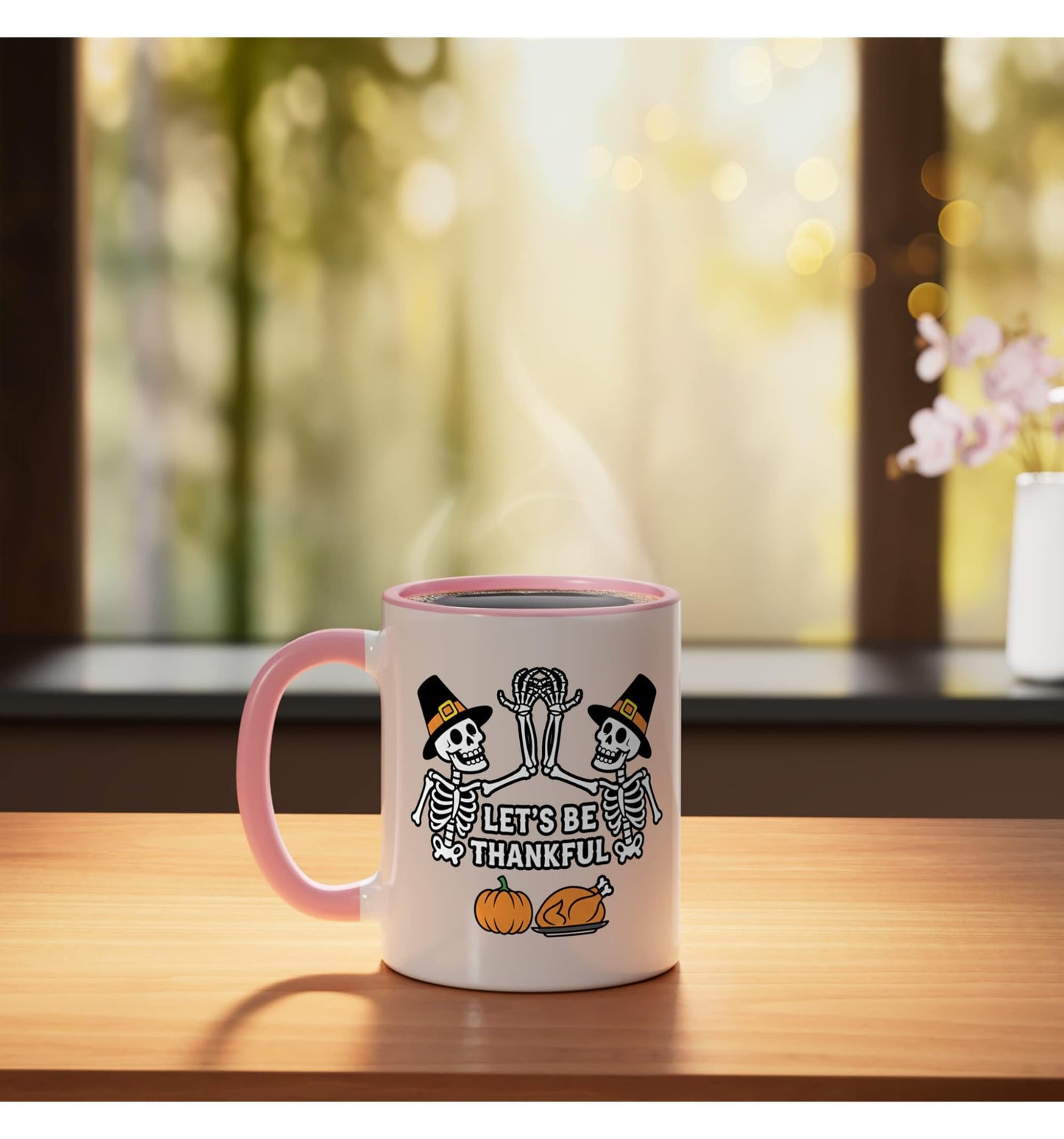LET'S BE THANKFUL, Halloween Skeletons With Pumpk Ceramic Mug, Pink/White