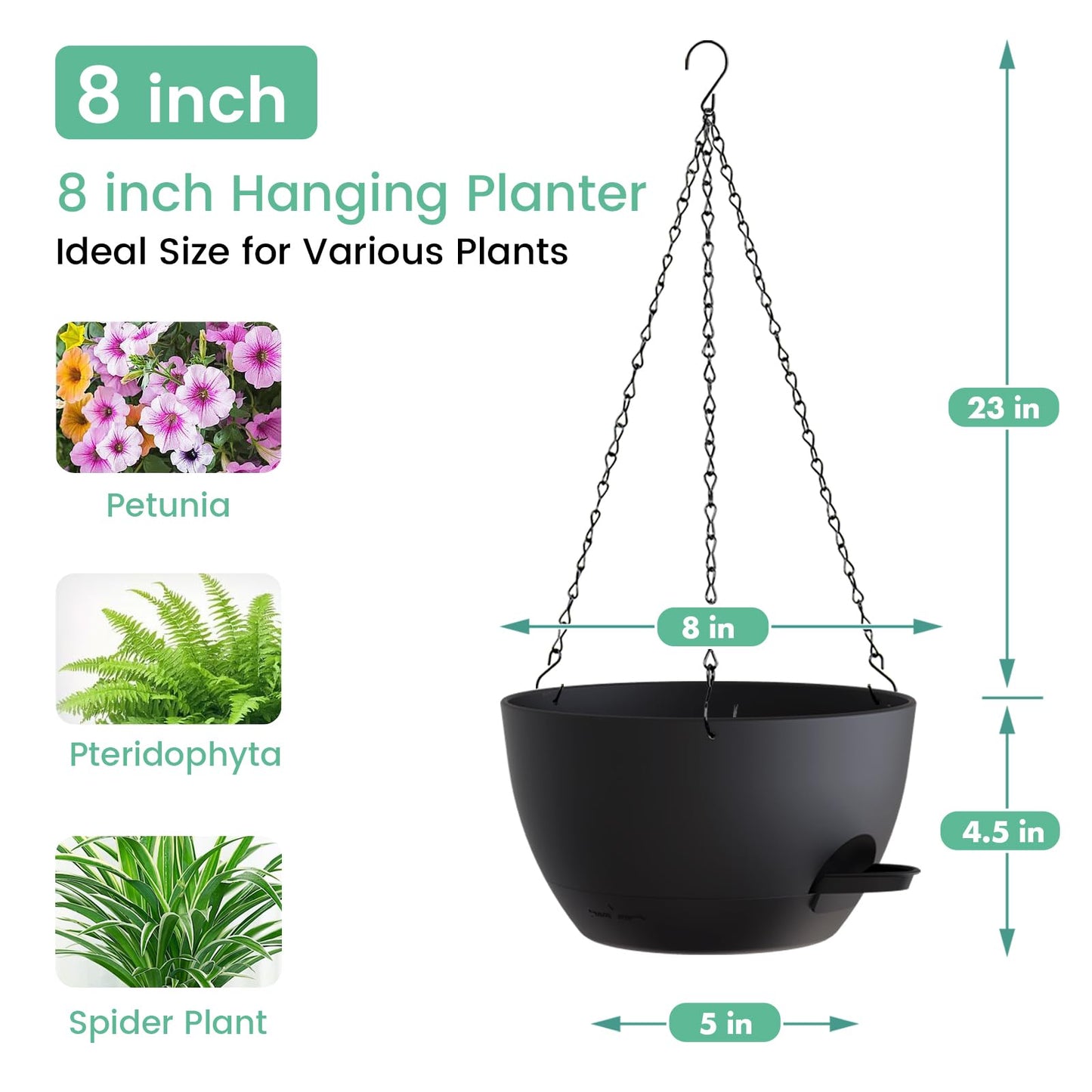 UOUZ 4 Pack 8 Inch Self Watering Hanging Planters for Indoor Outdoor Plants，Hanging Pots for Plants with Drainage Removable Tray, Hanging Baskets Flower Pots for Ivy Pothos Spider Garden Porch Black