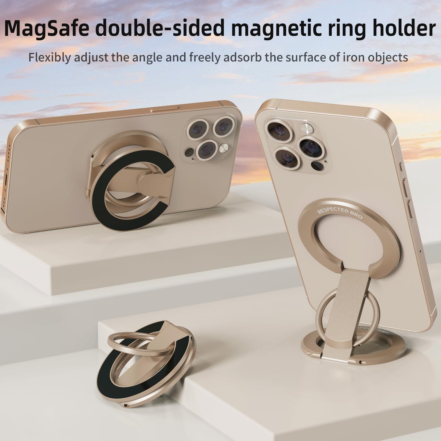 RESPECTED BRO-Magnetic-Phone-Ring-Holder with Dual Rings, Compatible with iPhone 17/16/15/14/13/12, Multifunctional Stand for Office, Gym, Kitchen & All Metal Surfaces, Finger Loop Grip (Desert Gold)