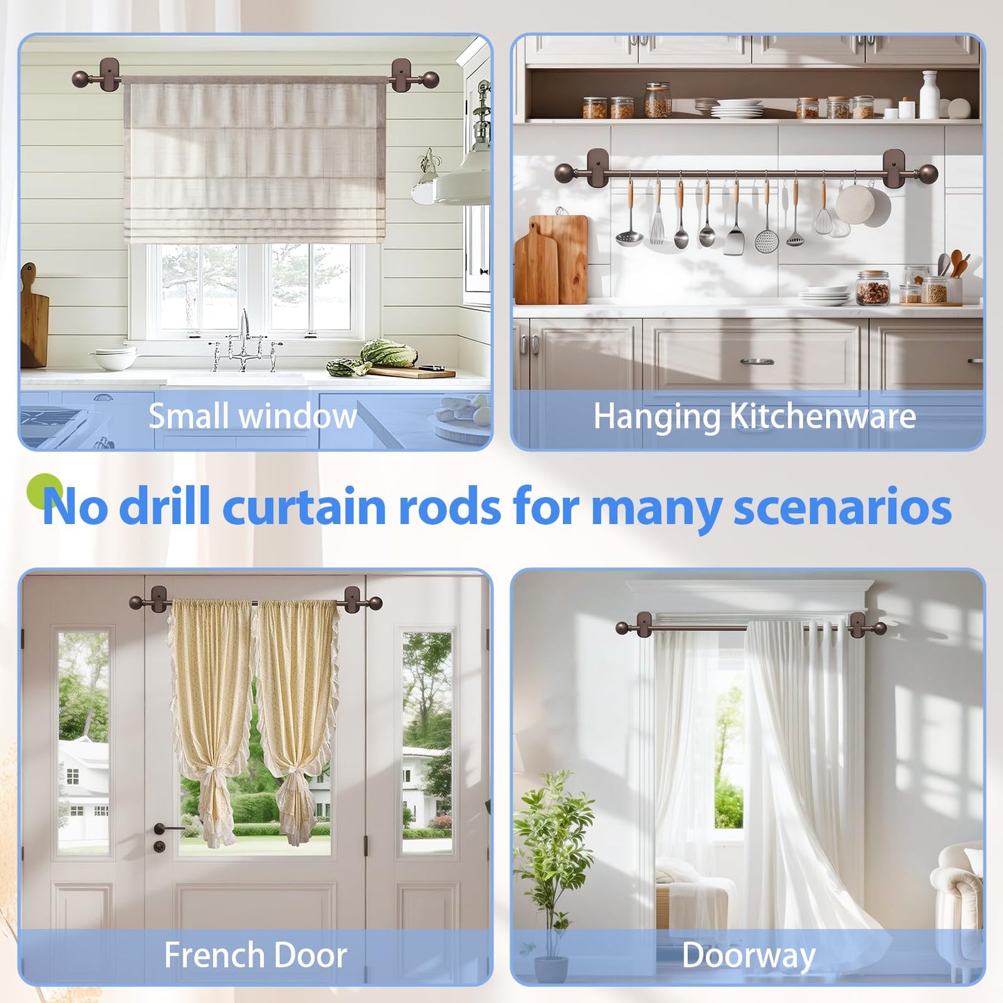 Curtain Rods No Drilling for Windows 32 to 45 Inch:No Drill Small Silver Curtain Rod with Adhesive Brackets for Bedroom,5/8" Apartment Renter Friendly Adjustable Drapery Rods Easy Install