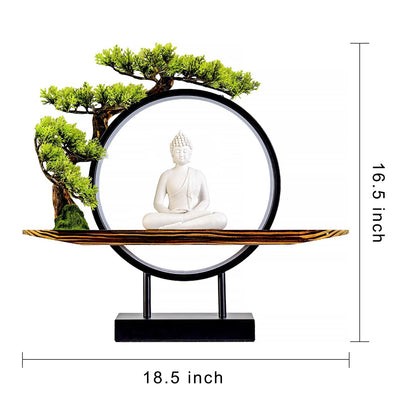 Houlu White Buddha Statue with Green Artificial Tree and LED Circle Table Lamp, Indoor Ceramic Buddha Statues for Home Decor, 16.5 in