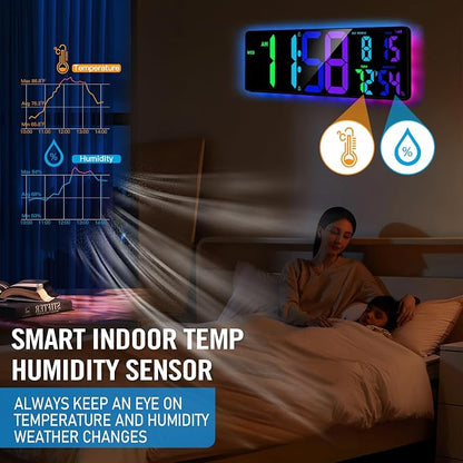 TXL 17.2'' Bluetooth Large Digital Wall Clock, LED Large Display Timer with RGB Ambient Lights,Temperature/Humidity, Remote Control, Adjustable Brightness for Home, Office, Classroom